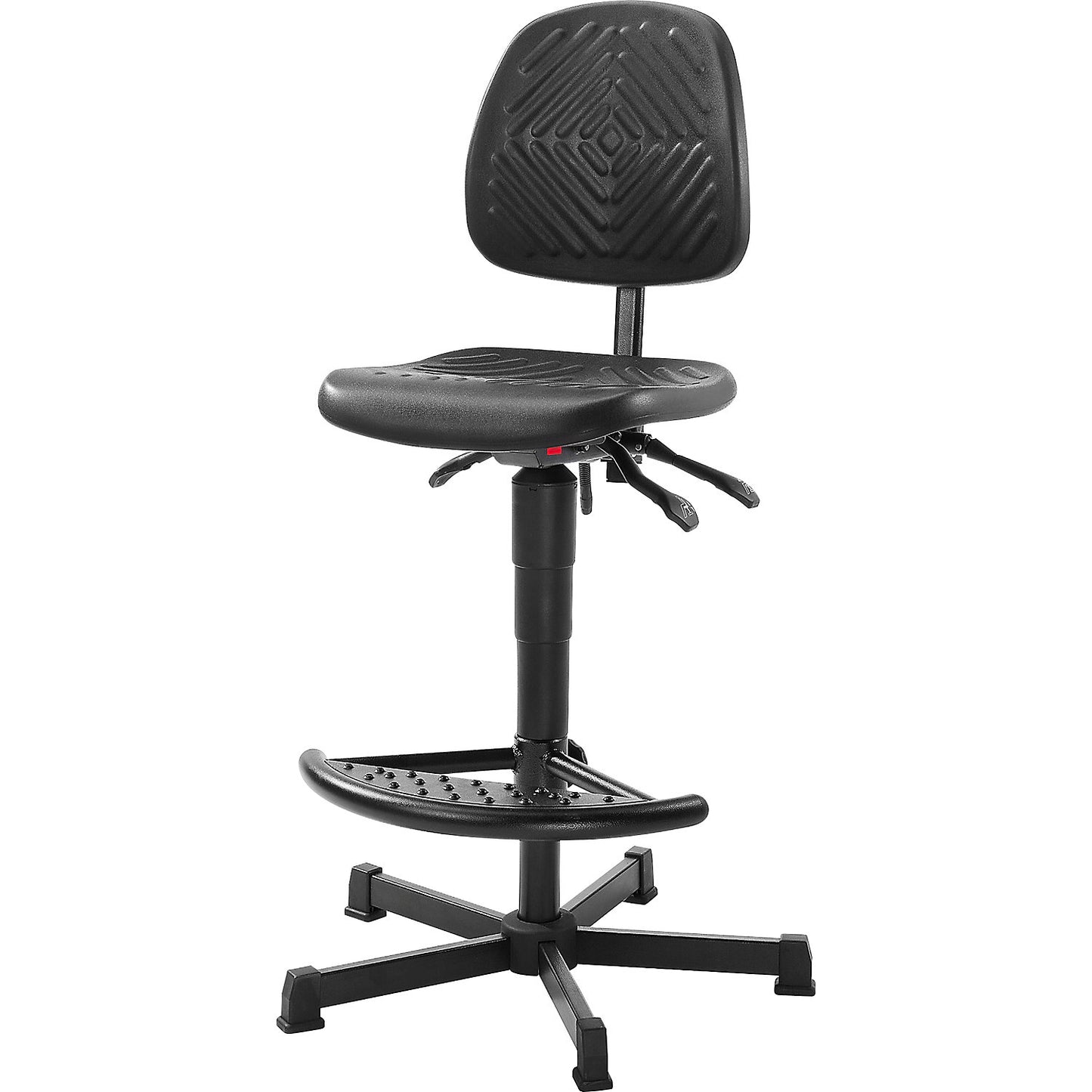 Industrial swivel chair, polyurethane upholstery, gas lift height adjustment, with floor glides and foot rest, height adjustment range 570 - 820 mm.