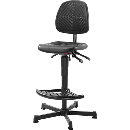 Industrial swivel chair, polyurethane upholstery, gas lift height adjustment, with floor glides and foot rest, height adjustment range 570 - 820 mm.