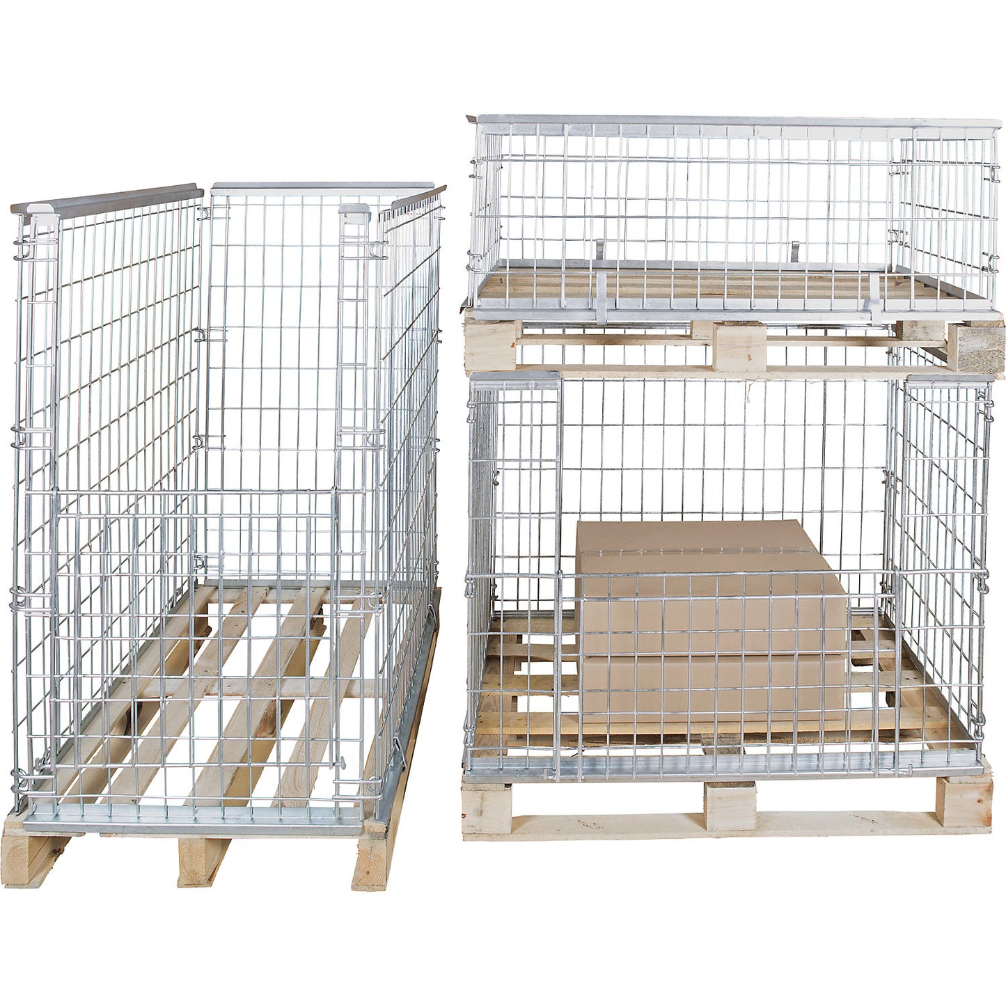 Mesh pallet collar, for stacking, front panel with flap, for pallets 1200 x 800, H 850 mm, zinc-plated.