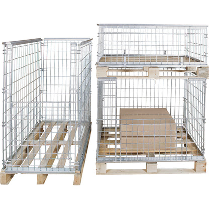 Mesh pallet collar, for stacking, front panel with flap, for pallets 1200 x 800, H 1160 mm, zinc-plated.