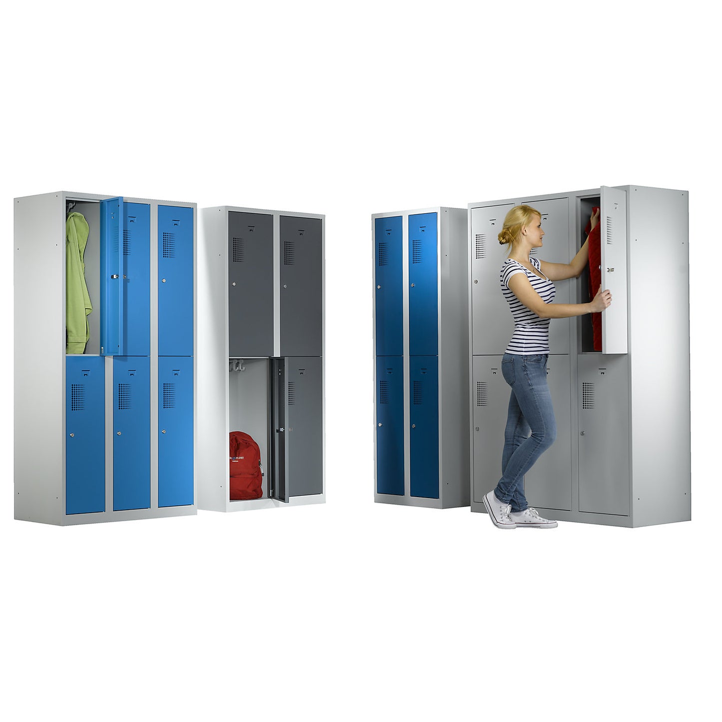 Amsterdam double deck clothes locker, 2 compartments, width 600 mm, 4 compartments, light grey.