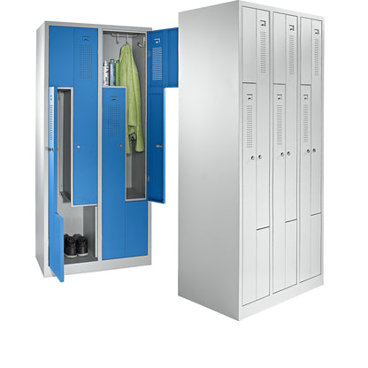 Amsterdam Z locker, 3 compartments, light grey / gentian blue, width 870 mm.