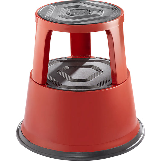 Kick stool made of sturdy sheet steel, max. load 150 kg, height under load 420 mm, red.