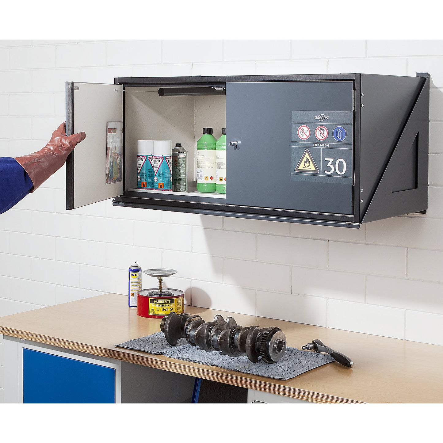 Type 30 hazardous goods wall mounted storage cupboard, fire resistant, without lock, external dimensions HxWxD 482 x 995 x 470 mm.