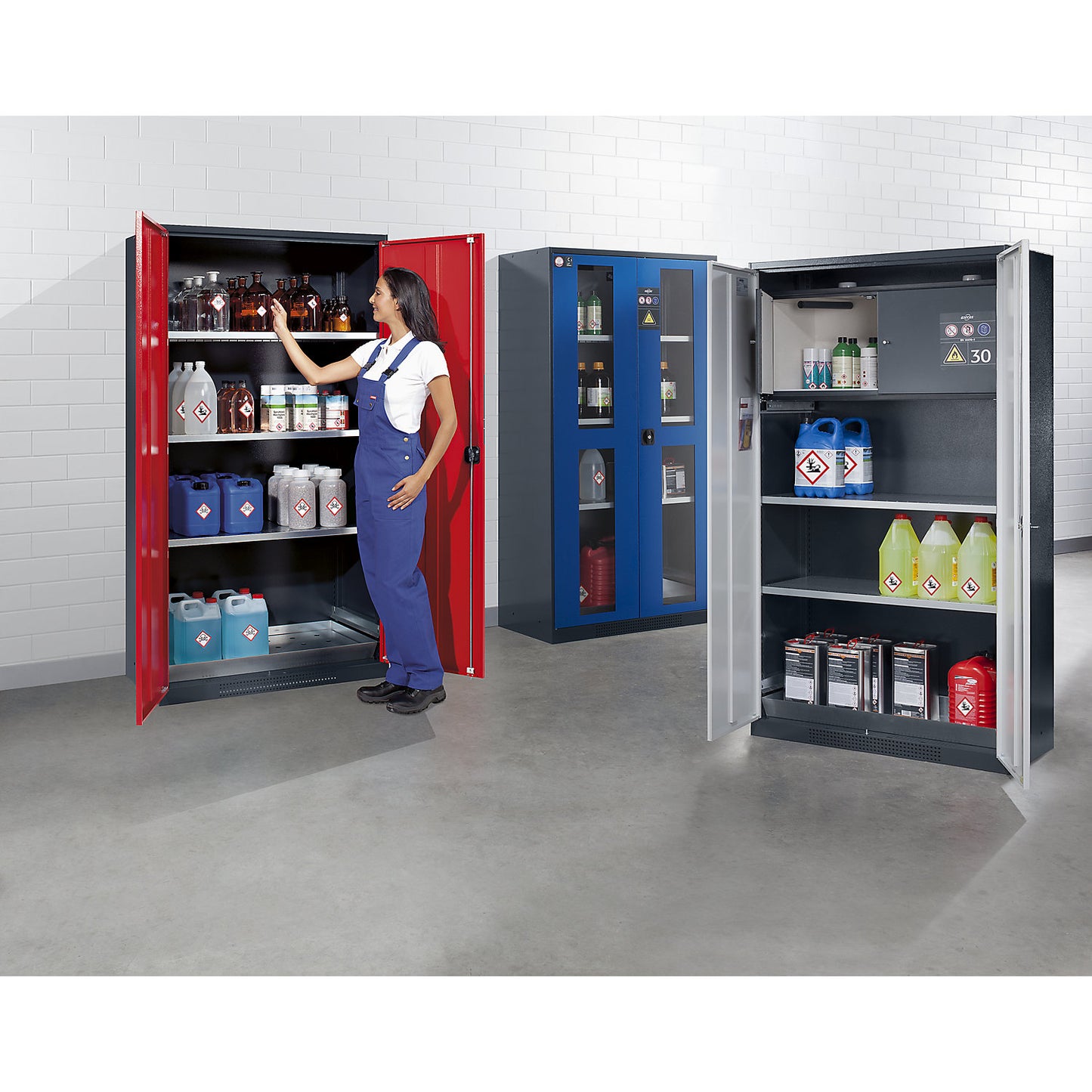 Chemical storage cupboard, solid door, with type 30 hazardous goods storage box, gentian blue.