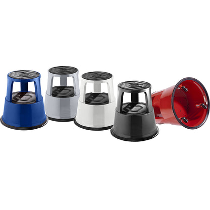Kick stool made of sturdy sheet steel, height under load 420 mm, three castors, blue.