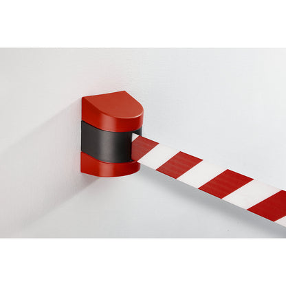 Tape barrier in a plastic housing, to bolt in place, red / white, belt length 9000 mm.