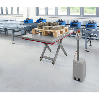 Low profile lift table, G series, max. load 1000 kg, lifting range 80 - 750 mm, LxW 1450 x 900 mm, 400 V 3-phase.