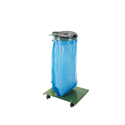 Waste sack stand, for capacity 120 l, with base plate, mobile, frame and lid in green.