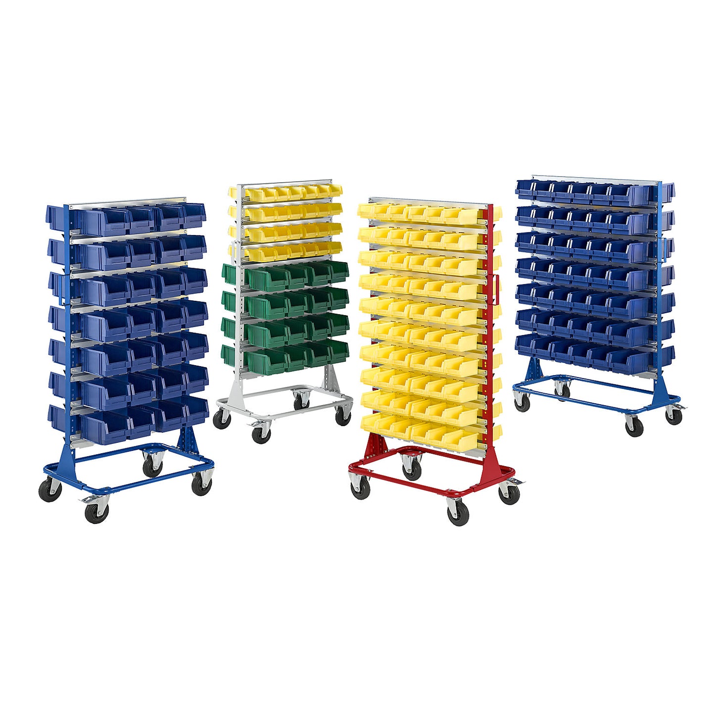 Mobile rack, height 1588 mm, mobile rack for 84 open fronted storage bins, light grey.