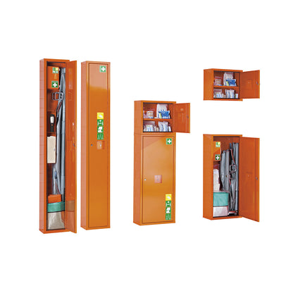 First aid cupboard, DIN 13157, with contents, HxW 420 x 490 mm, signal orange, depth 200 mm.
