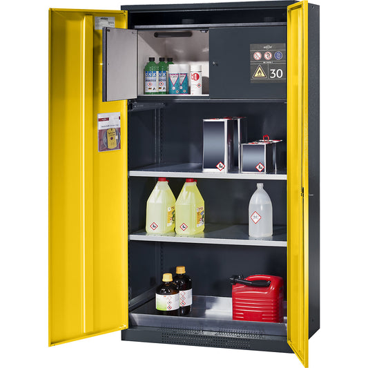 Chemical storage cupboard, solid door, with type 30 hazardous goods storage box, gold yellow.