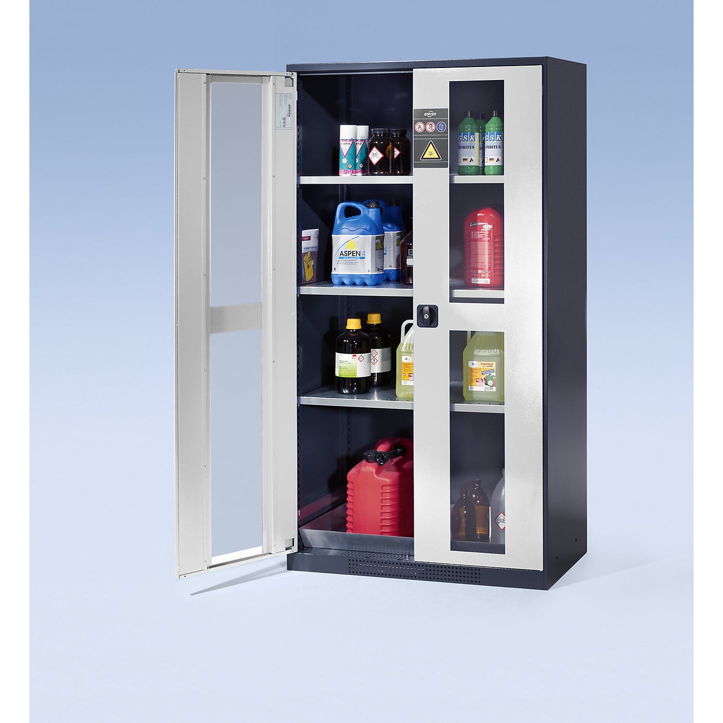 Laboratory chemical storage cupboard, 2 door, tall, 3 shelves, with vision panel, grey.