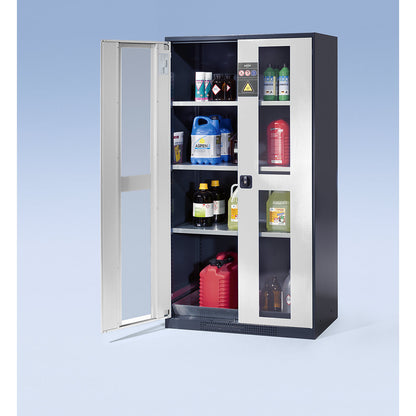 Laboratory chemical storage cupboard, 2 door, tall, 3 shelves, with vision panel, grey.