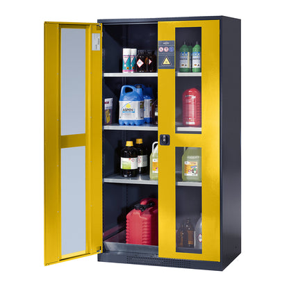 Laboratory chemical storage cupboard, 2 door, tall, 3 shelves, with vision panel, yellow.