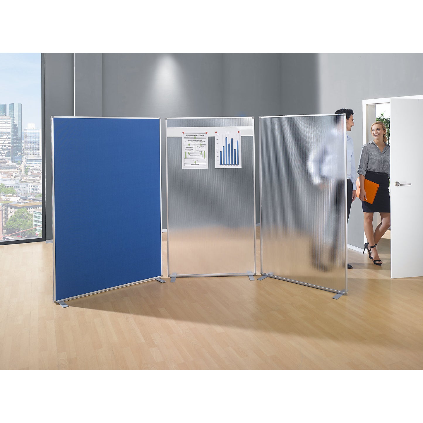 Room divider, with fabric surface, HxWxD 1800 x 1250 x 350 mm.