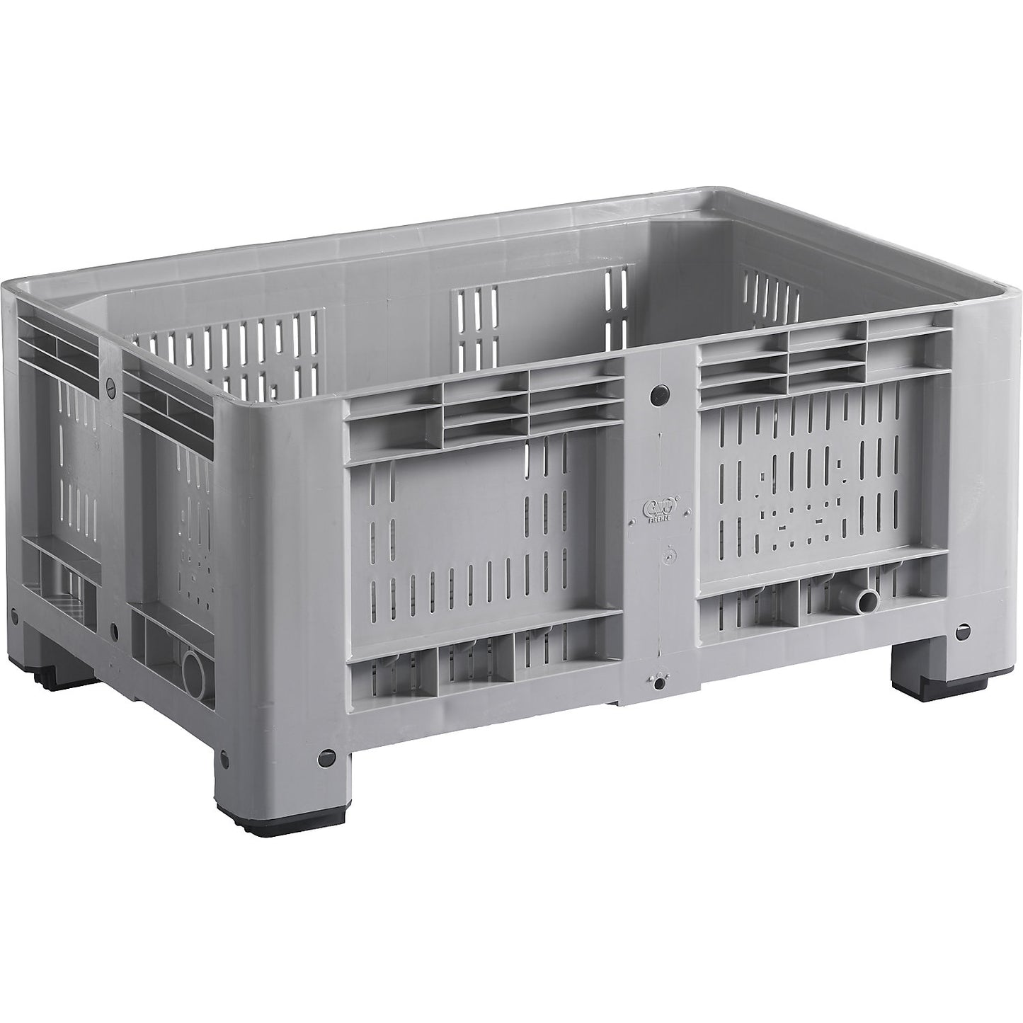 Pallet box, capacity 330 l, perforated sides, 4 feet for forklift access.
