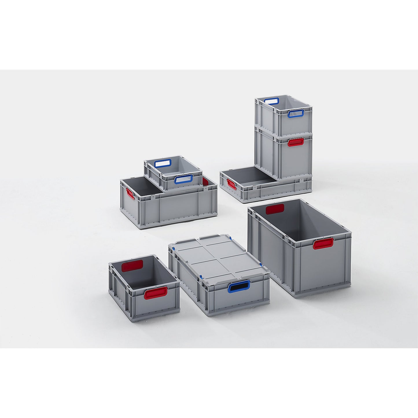 Heavy duty Euro size container, capacity 34 l, pack of 5, handle colour red.