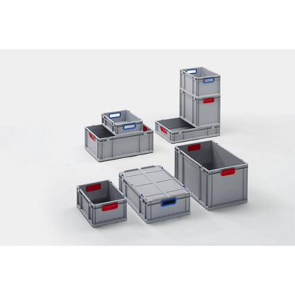 Heavy duty Euro size container, capacity 23.7 l, pack of 8, handle colour blue.