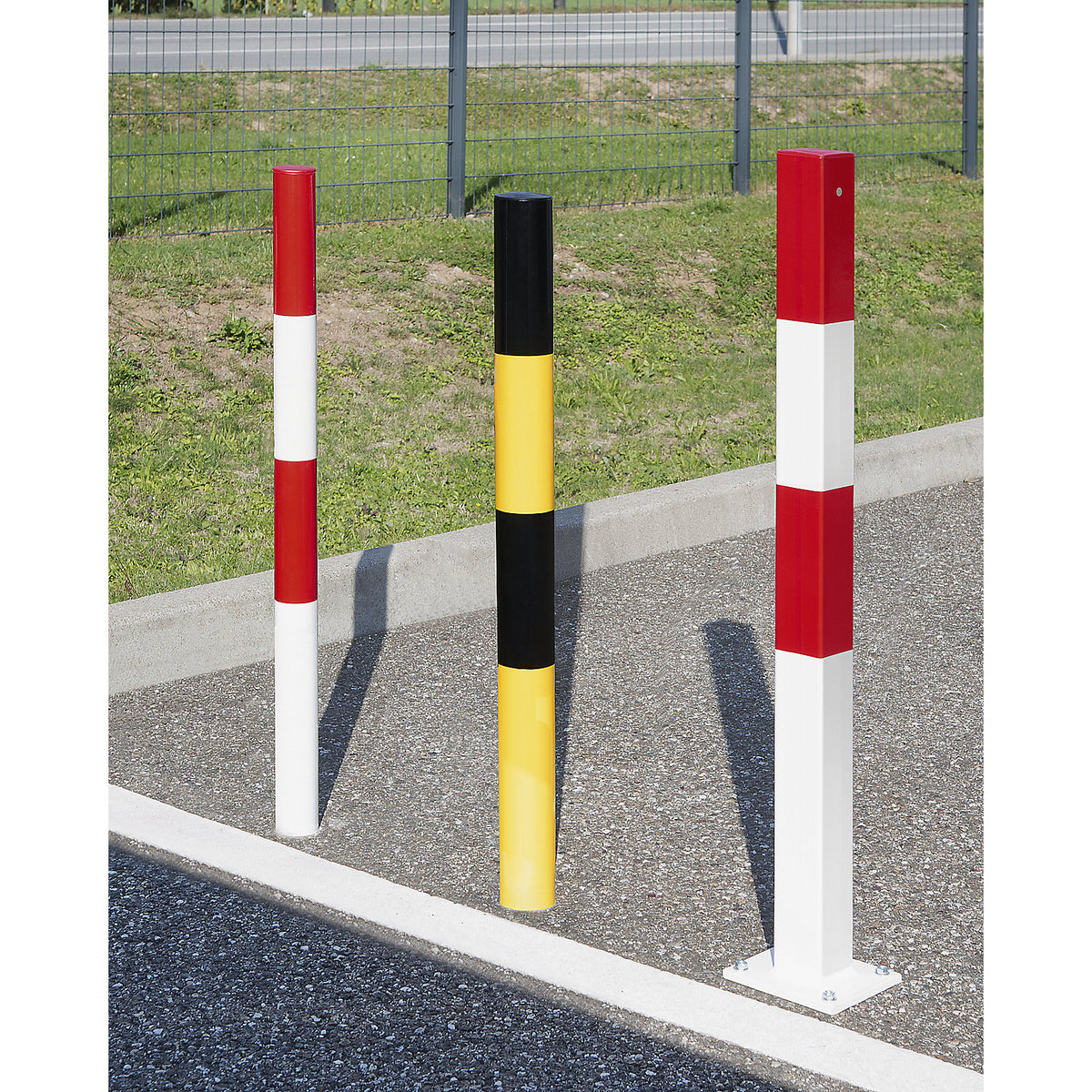 Barrier post made of tubular steel, for bolting in place, 70 x 70 mm, yellow / black, zinc plated and painted.