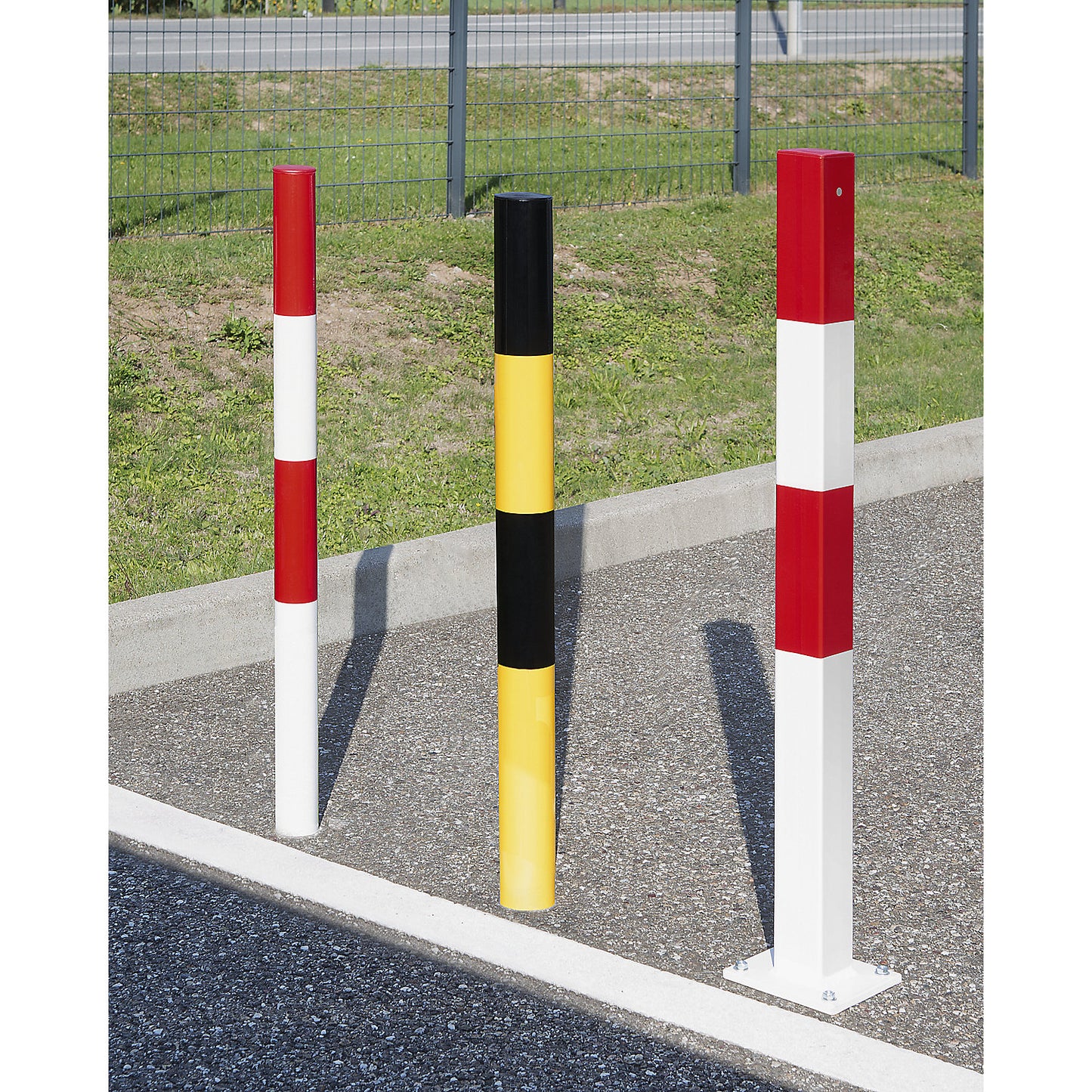 Barrier post made of tubular steel, for concreting in, Ø 76 mm, red / white, plastic coated.