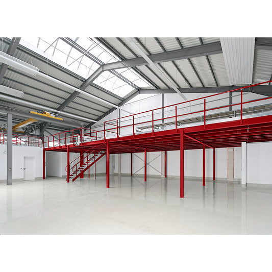 Mezzanine floor, standard shelf unit, max. surface load 350 kg/m², platform 5000 x 5000 mm.