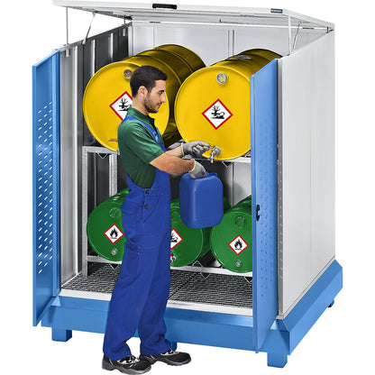 Hazardous goods storage for drums, sump capacity 320 l, WxD 1600 x 1150 mm.
