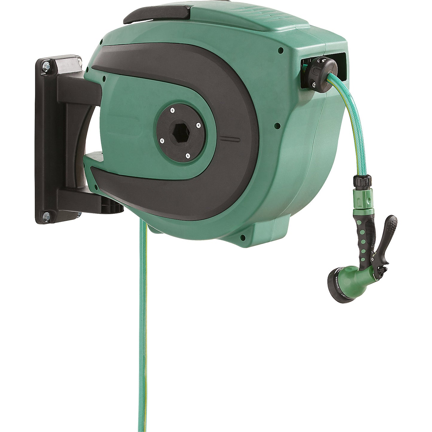 Hose reel, hose length 20 m, LxWxH 610 x 247 x 430 mm.