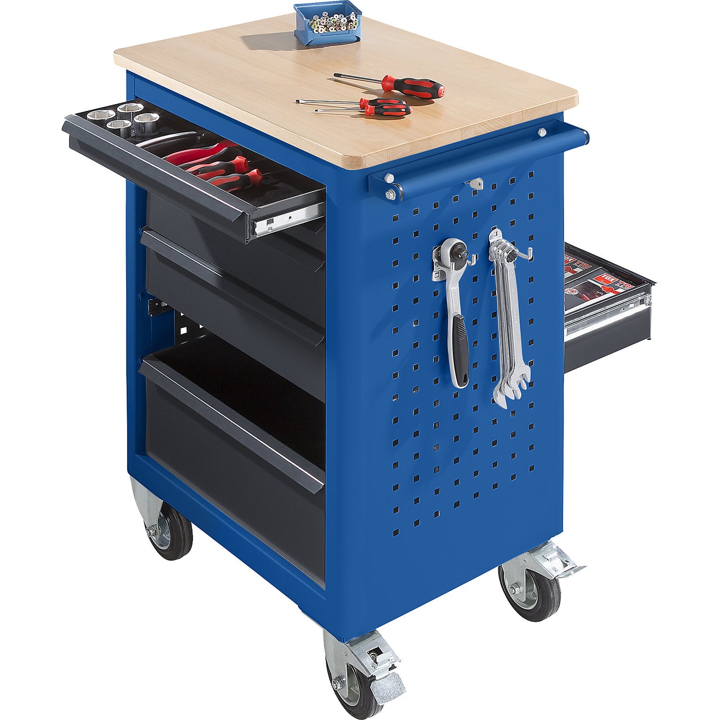 Tool trolley, width 665 mm, 6 drawers for extension on both sides, body gentian blue.