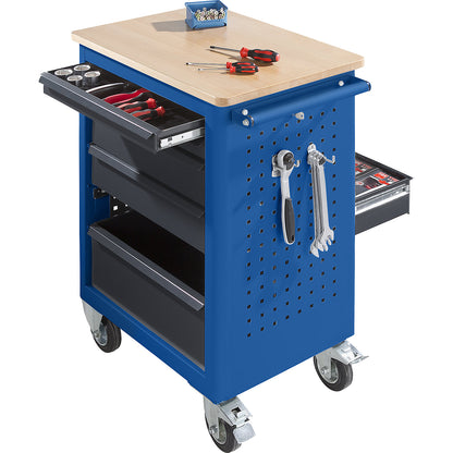 Tool trolley, width 665 mm, 6 drawers for extension on both sides, body gentian blue.