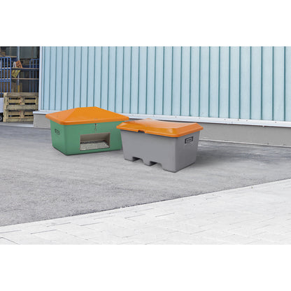 Grit container made of GRP, capacity 200 l, without dispenser opening, clearance for forklift, green container.