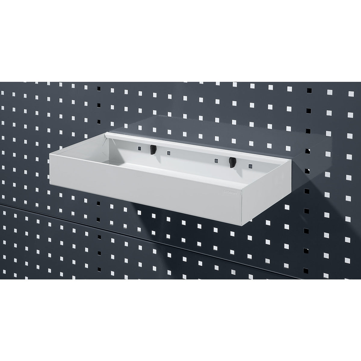 Storage tray, sheet steel, powder coated, width 440 mm.
