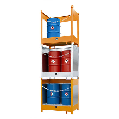 Storage and transport pallet with sump tray, open on all sides, stackable, for 4 drums, painted.