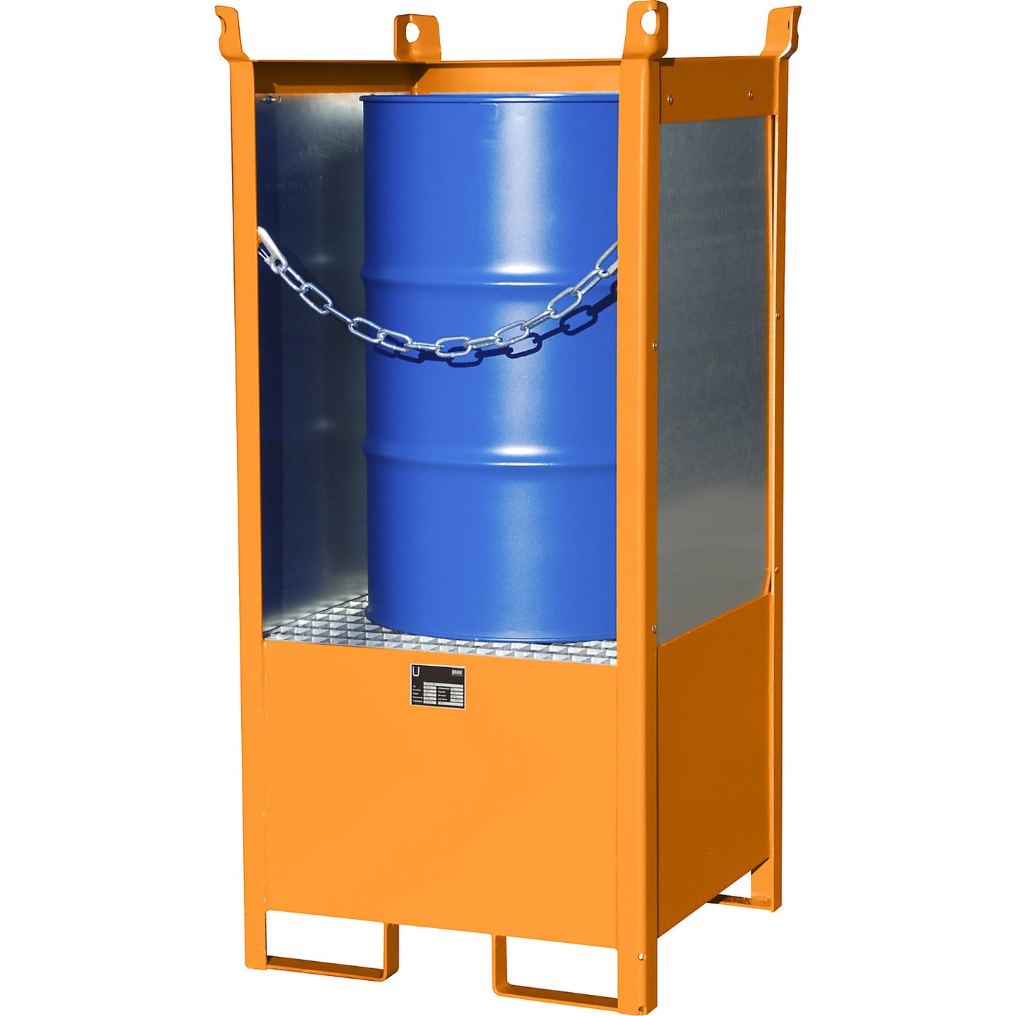 Storage and transport pallet with sump tray, with closed rear and side panels, stackable, for 1 drum, painted.