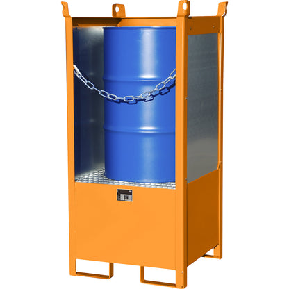 Storage and transport pallet with sump tray, with closed rear and side panels, stackable, for 1 drum, zinc plated.