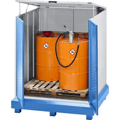 Hazardous goods storage for drums, sump capacity 400 l, WxD 1600 x 1450 mm.