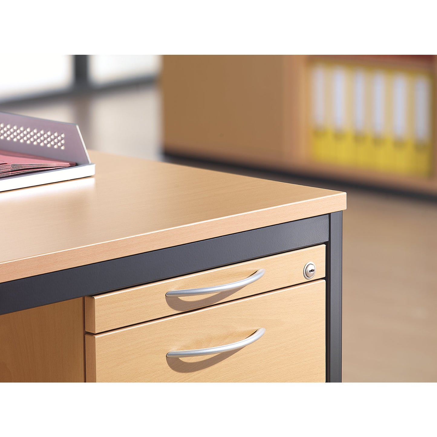 LENA - Desk, depth 800 mm, width 1200 mm, 1 base cupboard possible, beech finish.