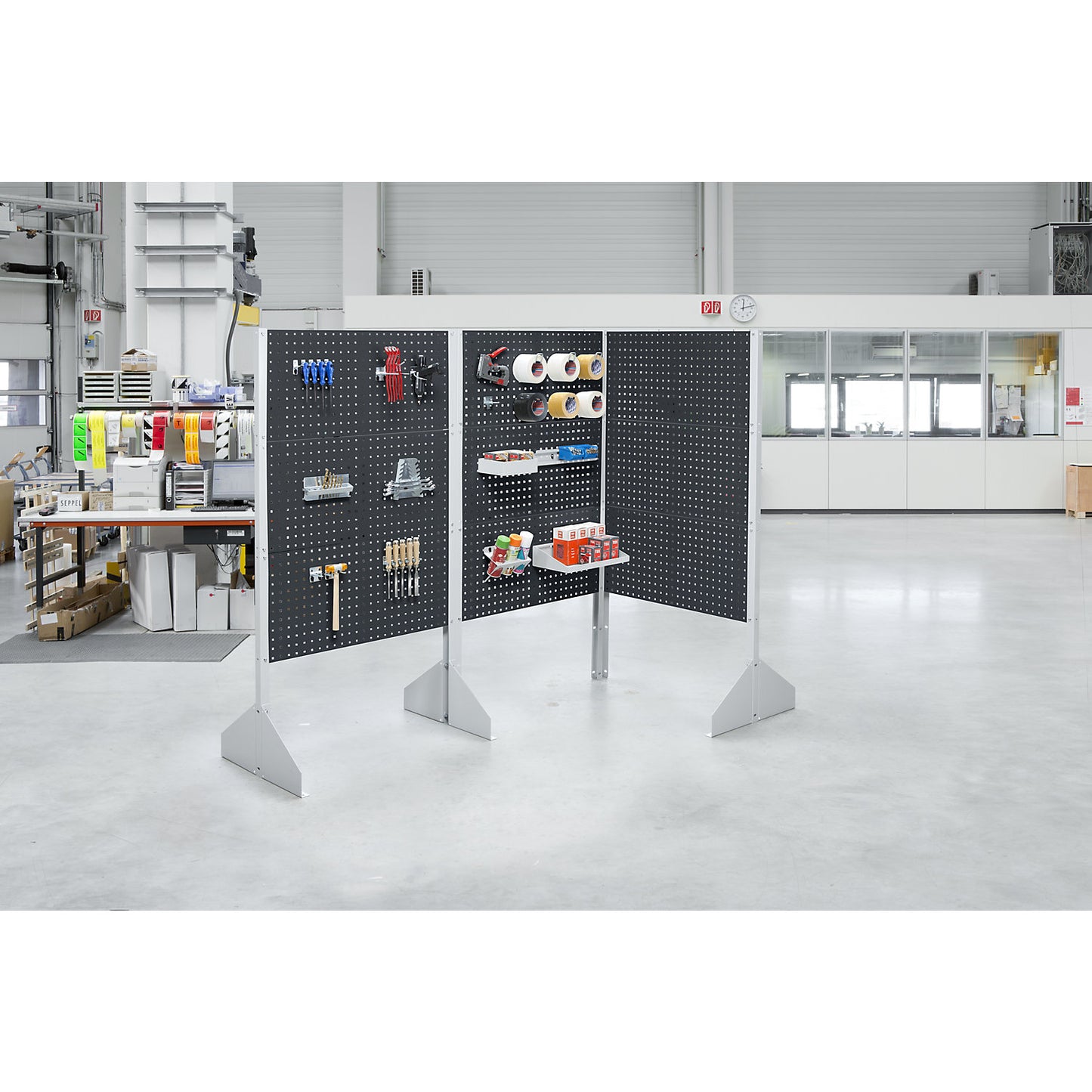 Perforated panel display wall, height 1845 mm, standard module, charcoal.