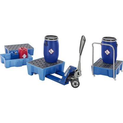PE tray for 60 l drums and small containers, with 4 feet, with grate.