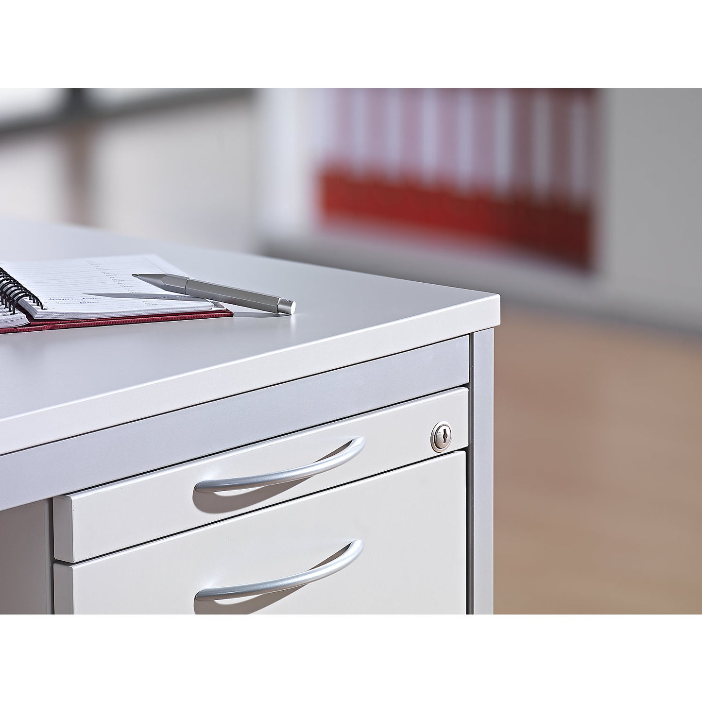 LENA - Desk, depth 800 mm, width 1600 mm, 2 base cupboards possible, light grey.