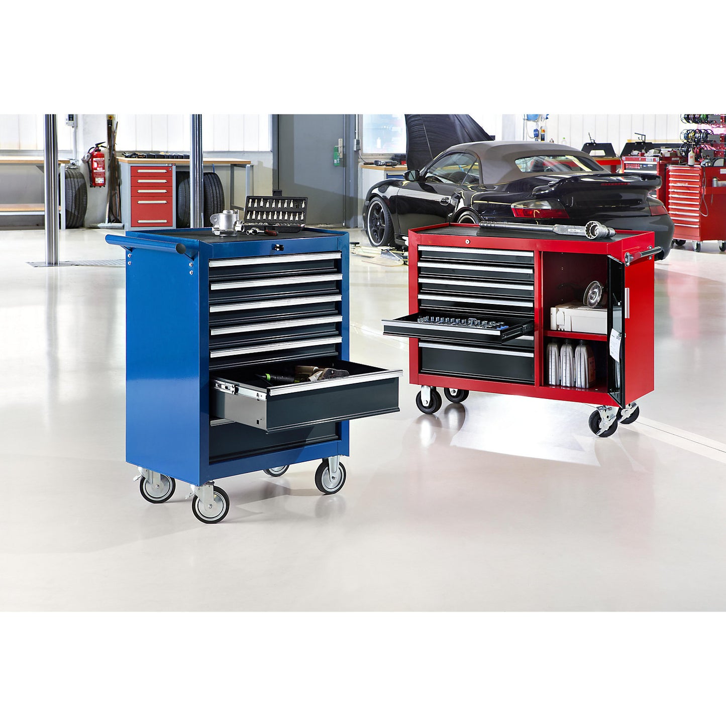 Workshop trolley, HxWxD 995 x 680 x 458 mm, 7 drawers, red.