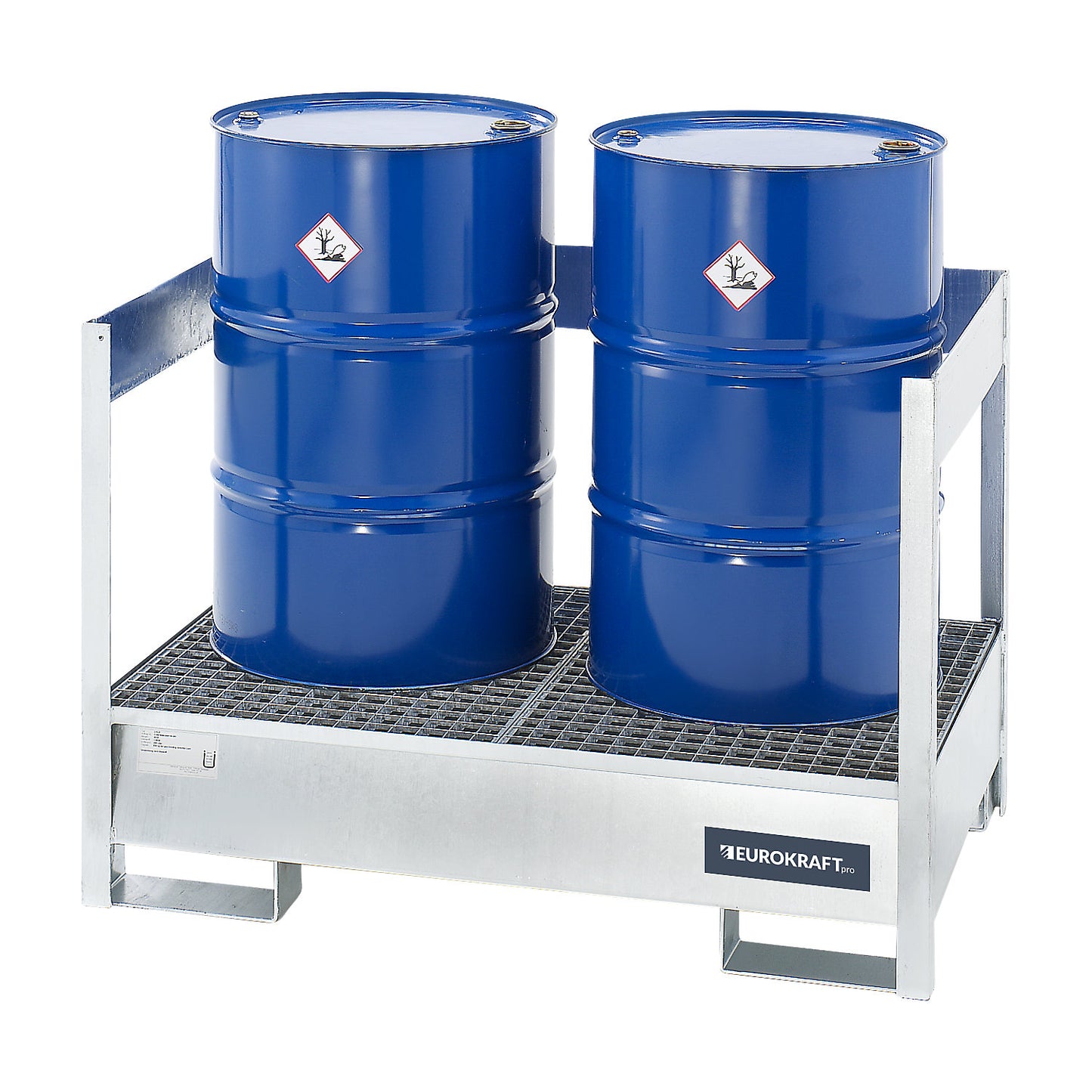 Drum sump tray for transport and storage, open rear and side steel frame, not stackable, for 2 drums, zinc plated.