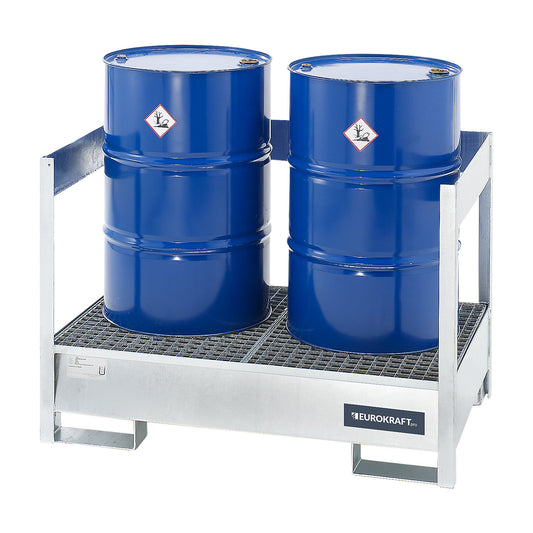 Drum sump tray for transport and storage, open rear and side steel frame, not stackable, for 2 drums, zinc plated.
