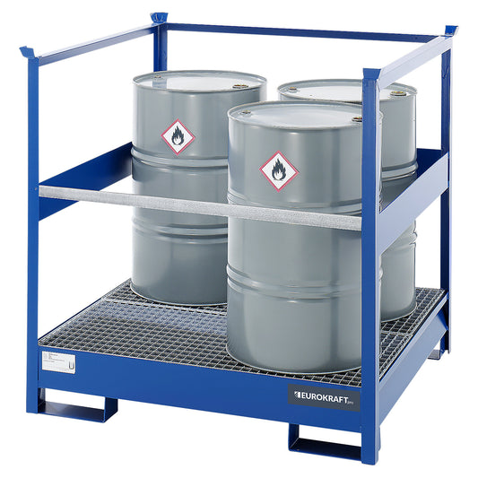 Drum sump tray for transport and storage, open rear and side steel frame, stackable, for 4 drums, blue.