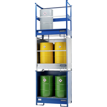 Drum sump tray for transport and storage, closed rear and side walls, stackable, for 2 drums, blue.