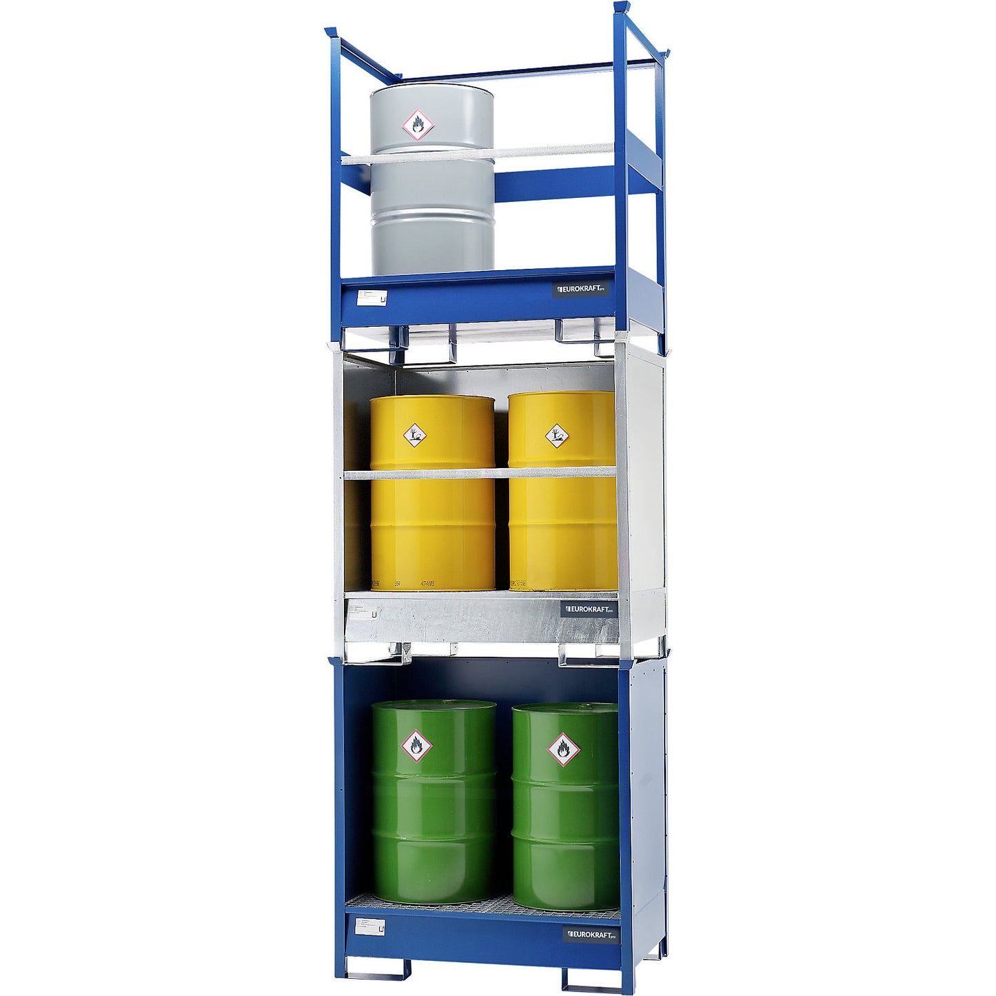 Drum sump tray for transport and storage, closed rear and side walls, stackable, for 4 drums, zinc plated.