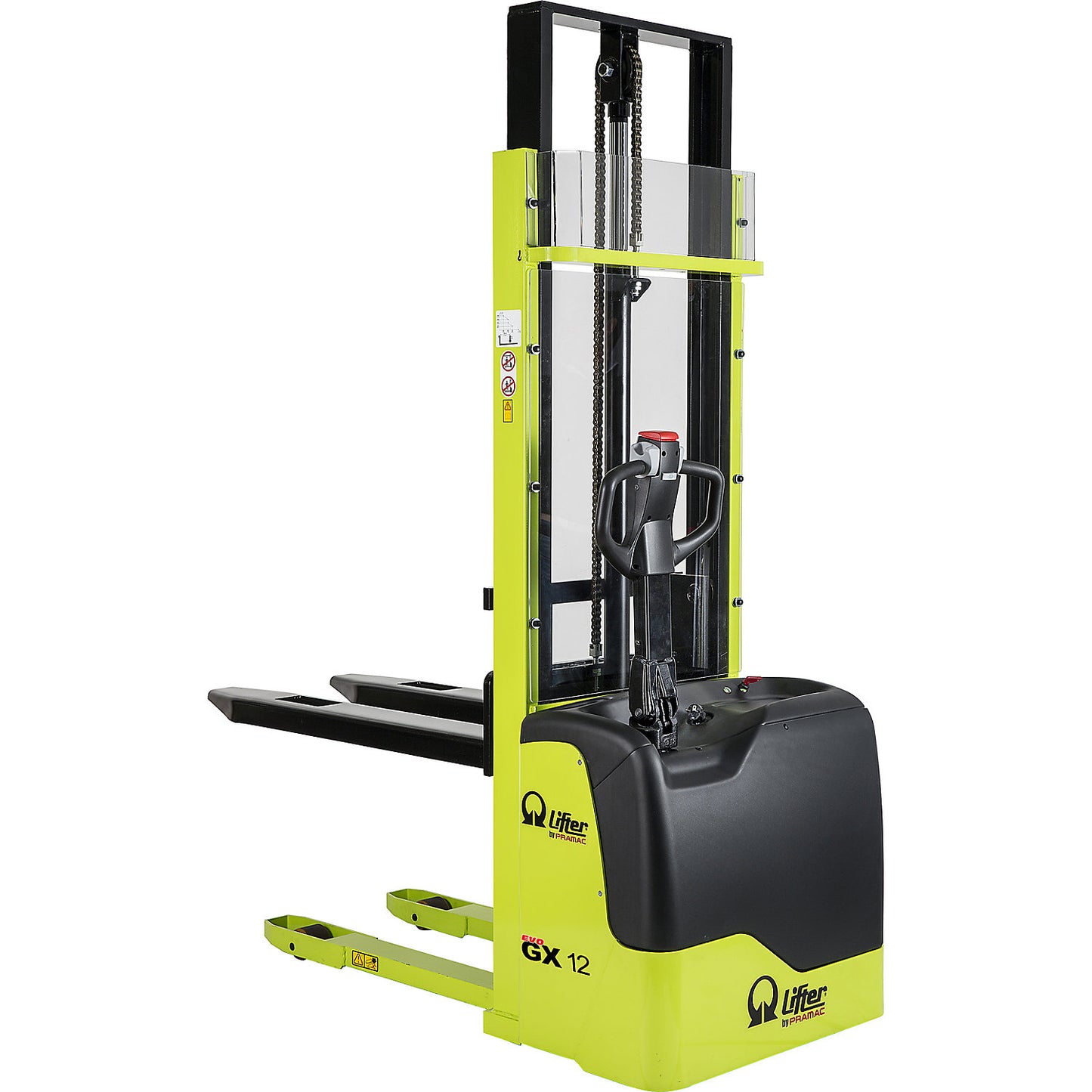 Drawbar stacker, telescopic mast, max. load 1200 kg, lifting range 90 - 2500 mm.