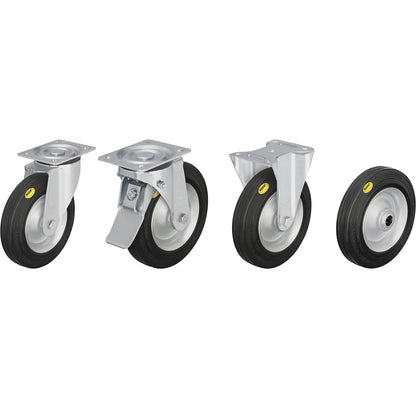 Two component solid rubber tyre, wheel Ø x width 180 x 50 mm, swivel castor.