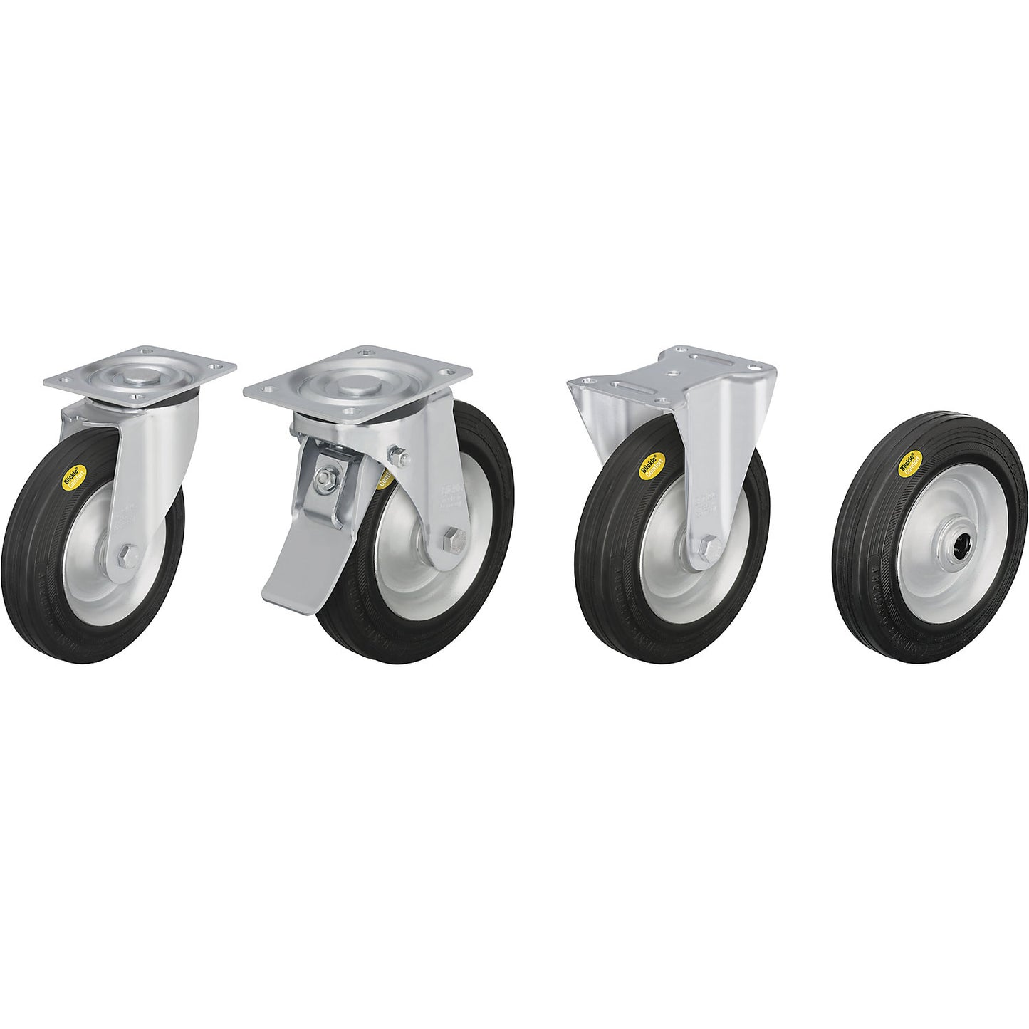 Two component solid rubber tyre, wheel Ø x width 250 x 60 mm, fixed castor.