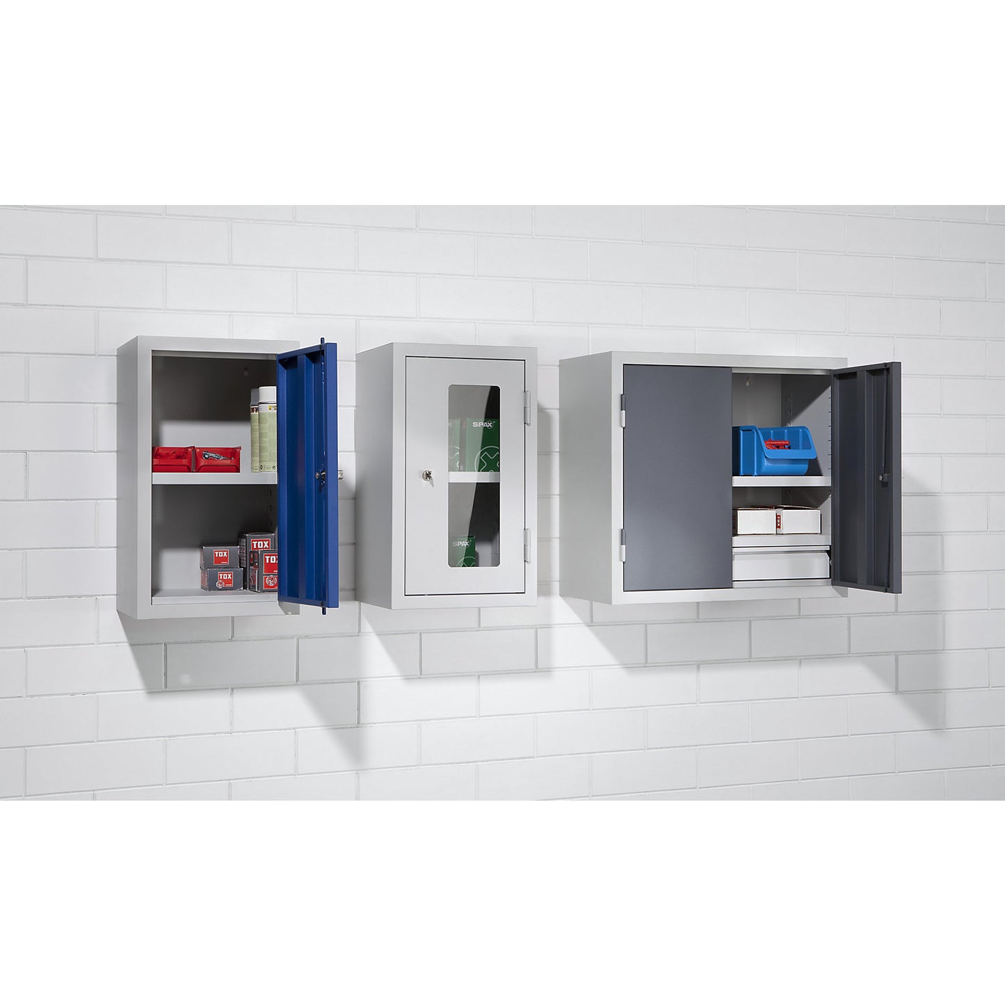 Wall mounted cupboard for the workshop, HxWxD 600 x 800 x 320 mm, solid panel doors, with 2 shelves + 2 drawers, light grey RAL 7035.